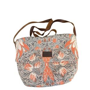 Sassy Sparrow Woven Tapestry Crossbody Bag Orange Grey Floral Boho Leather Strap